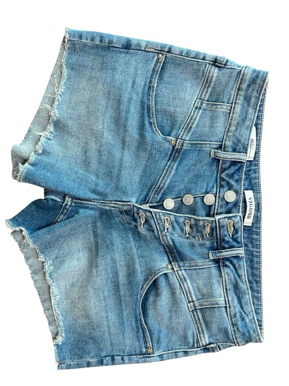 Vigoss Denim Med Wash Cutoff Shorts Women's 28 Distressed Raw Hem Silver Button
